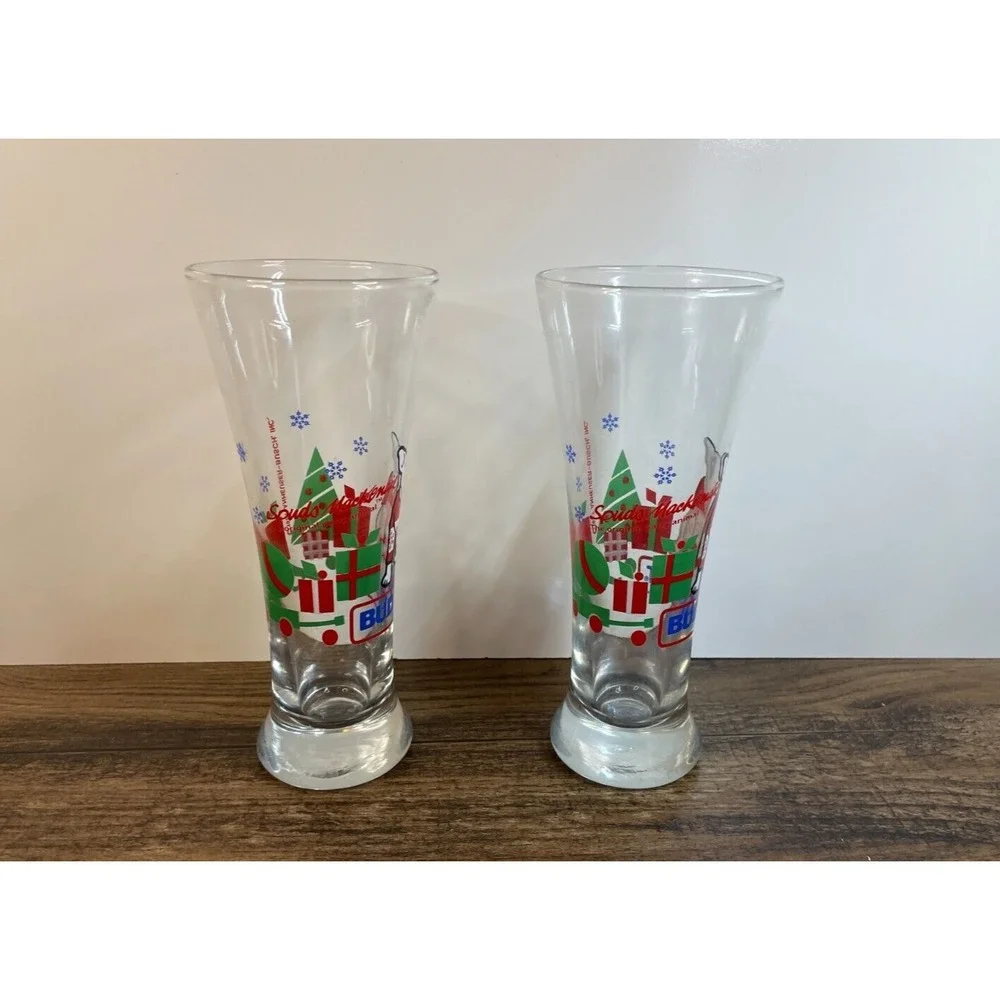 Vintage Lot of 2 Bud Light Spuds MacKenzie Christmas Beer Drinking Glass 1987